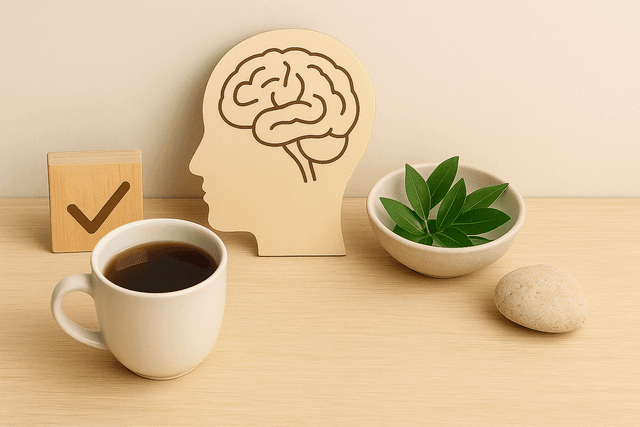 Ein harmonisches Stillleben auf hellem Holztisch mit neutralem Hintergrund: Eine Holzsilhouette eines Kopfes mit eingezeichnetem Gehirn steht im Mittelpunkt, daneben eine Tasse Kaffee, eine Schale mit grünen Blättern, ein glatter Stein und ein Holzblock mit Häkchen – Symbol für ganzheitliches Verstehen und mentale Gesundheit.
