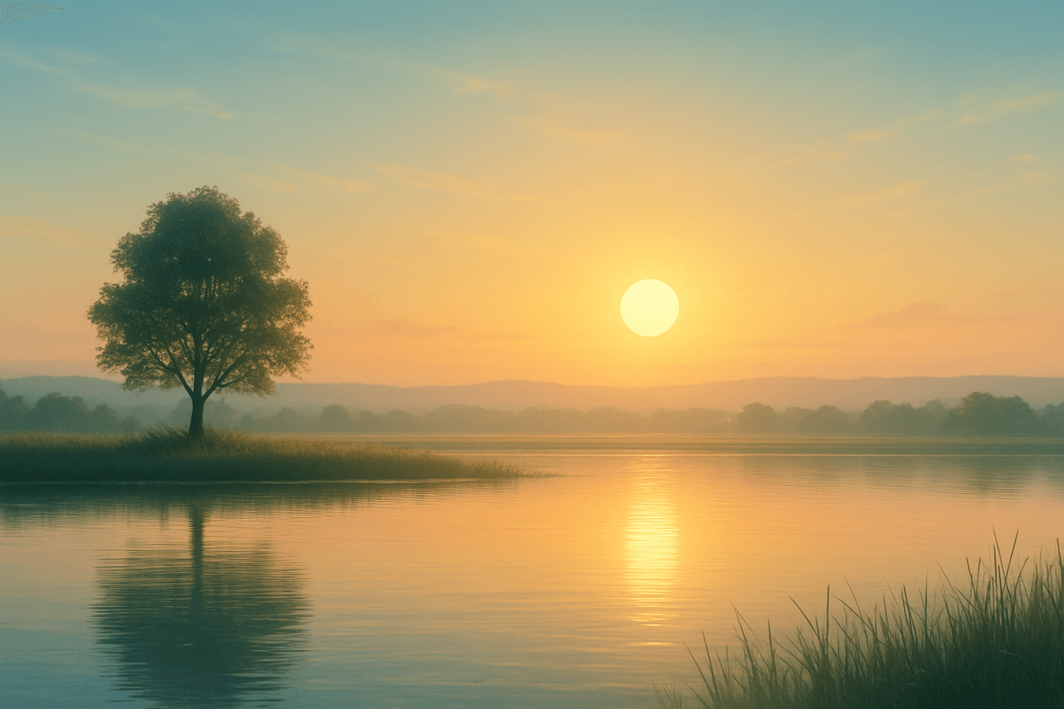 Ein friedlicher Sonnenaufgang über einem stillen See, umgeben von sanften Hügeln und zarten Nebelschleiern. Ein einzelner Baum steht am Ufer, sein Spiegelbild zeigt sich klar im ruhigen Wasser – die Szene strahlt Ruhe, Klarheit und Wohlbefinden aus.